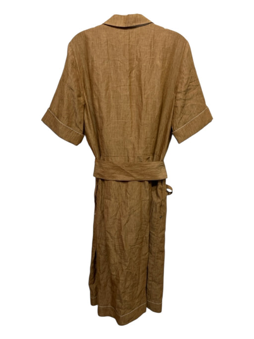 Lafayette 148 Size L Caramel Brown Linen Button Down Cuffed Short Sleeve Dress Caramel Brown / L