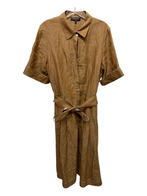Lafayette 148 Size L Caramel Brown Linen Button Down Cuffed Short Sleeve Dress Caramel Brown / L