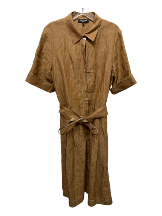 Lafayette 148 Size L Caramel Brown Linen Button Down Cuffed Short Sleeve Dress Caramel Brown / L