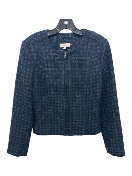 Tory Burch Size 8 Blue & Black Wool Blend Tweed Collarless Full Zip Jacket Blue & Black / 8