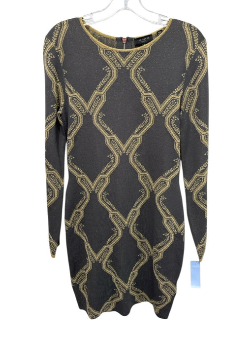 Ted Baker Size 3 Gray & Gold Viscose Blend Metallic Knit Long Sleeve Dress Gray & Gold / 3