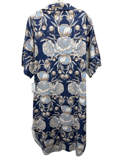 Emily McCarthy Size L Blue, Beige & White Cotton Blend Floral Collared Dress Blue, Beige & White / L