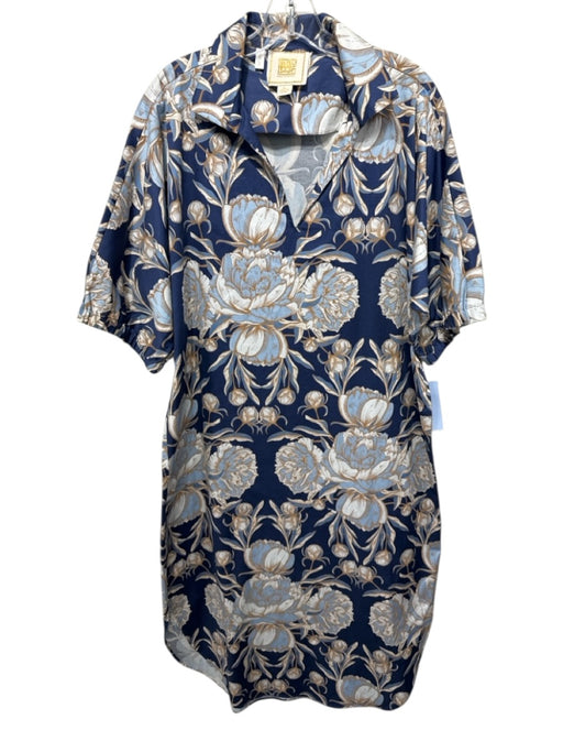 Emily McCarthy Size L Blue, Beige & White Cotton Blend Floral Collared Dress Blue, Beige & White / L