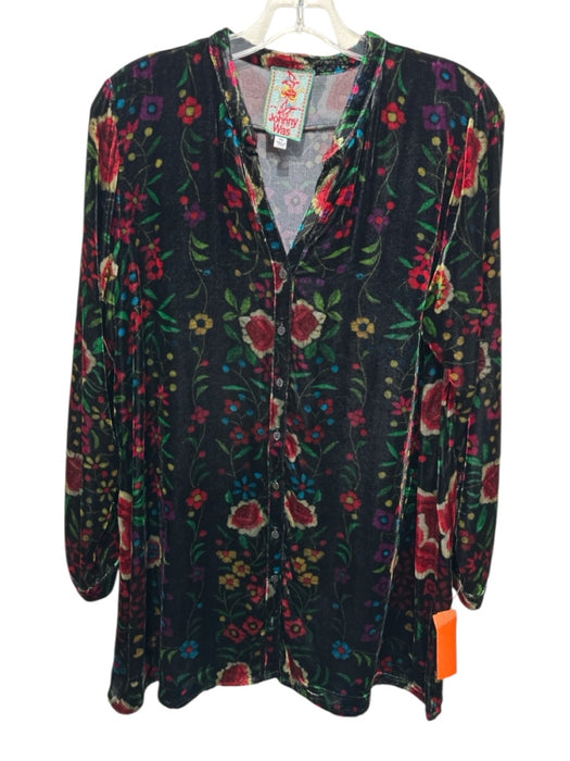 Johnny Was Size PM Black & Multi Rayon Blend Velvet Floral Button Front Long Top Black & Multi / PM