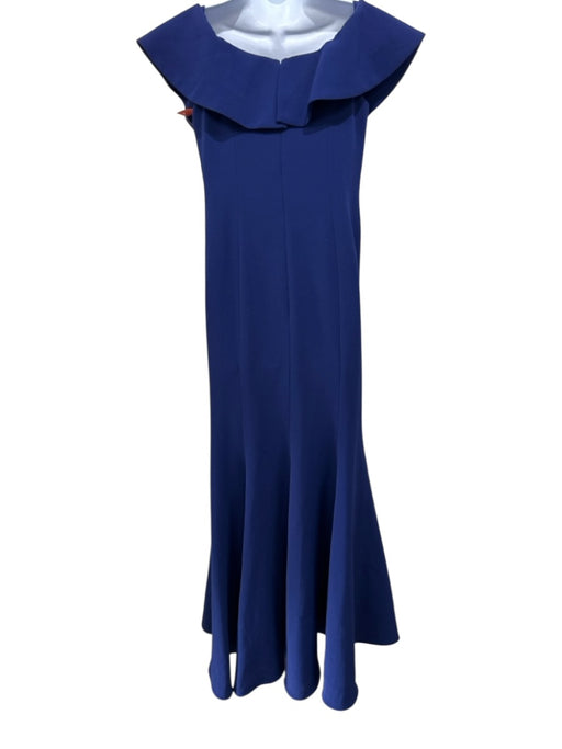 Teri Jon Size 6 Dark Blue Triacetate Blend Off Shoulder Flounce Sleeve Gown Dark Blue / 6