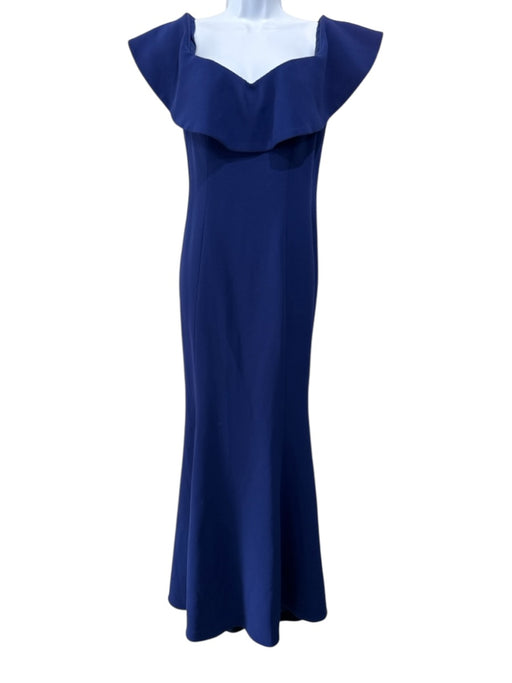 Teri Jon Size 6 Dark Blue Triacetate Blend Off Shoulder Flounce Sleeve Gown Dark Blue / 6