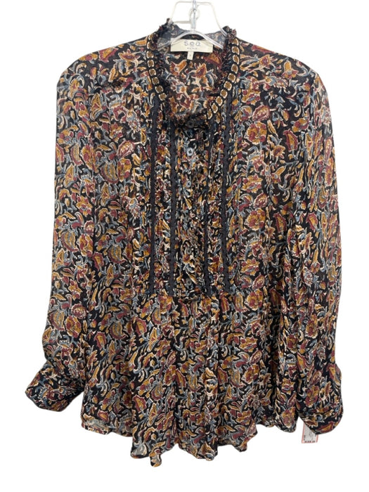 Sea New York Size 8 Navy, Yellow & Red Viscose Floral Ric-Rac Long Sleeve Top Navy, Yellow & Red / 8