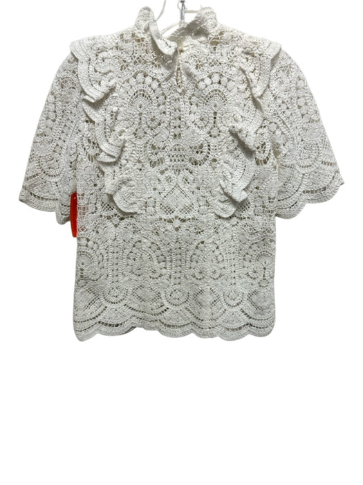 Sezane Size 34 White Cotton Crochet Knit Short Sleeve Mock Neck Top White / 34