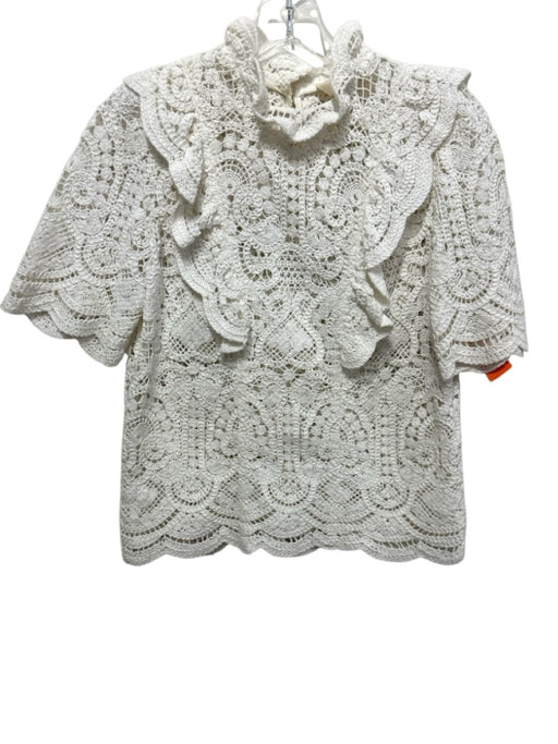 Sezane Size 34 White Cotton Crochet Knit Short Sleeve Mock Neck Top White / 34