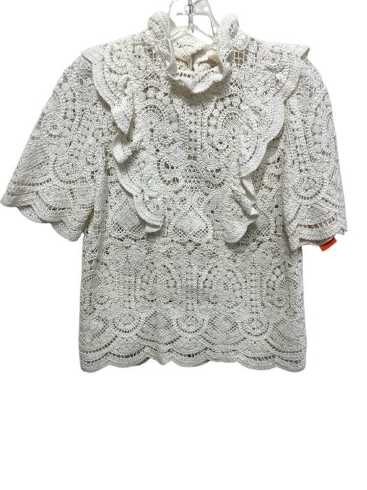 Sezane Size 34 White Cotton Crochet Knit Short Sleeve Mock Neck Top White / 34