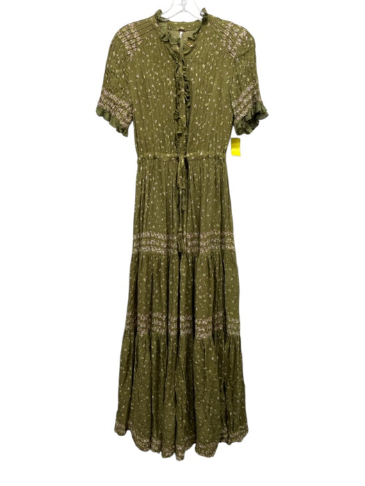 Free People Size XS Green & Pink Viscose Short Sleeve Abstract Print Midi Dress Green & Pink / XS