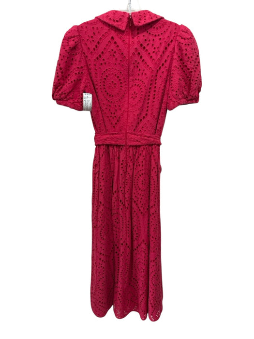 Badgley Mischka Size 6 Pink & Red Cotton Floral Eyelet Short Sleeve Deep V Dress Pink & Red / 6