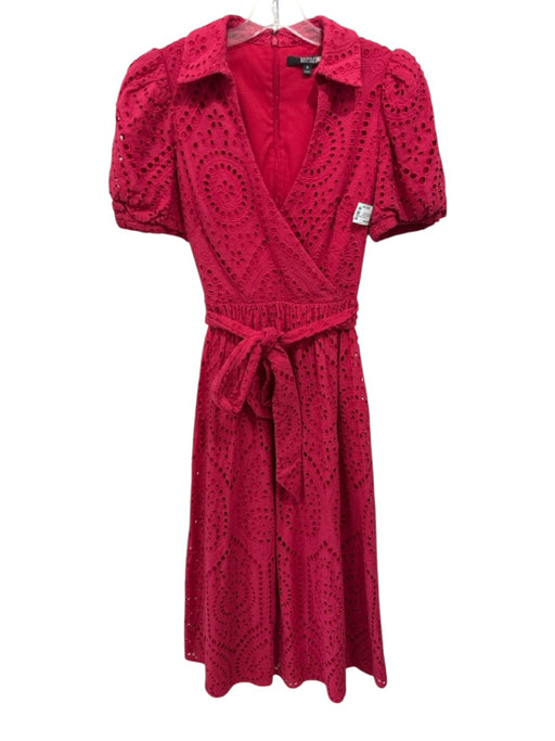 Badgley Mischka Size 6 Pink & Red Cotton Floral Eyelet Short Sleeve Deep V Dress Pink & Red / 6