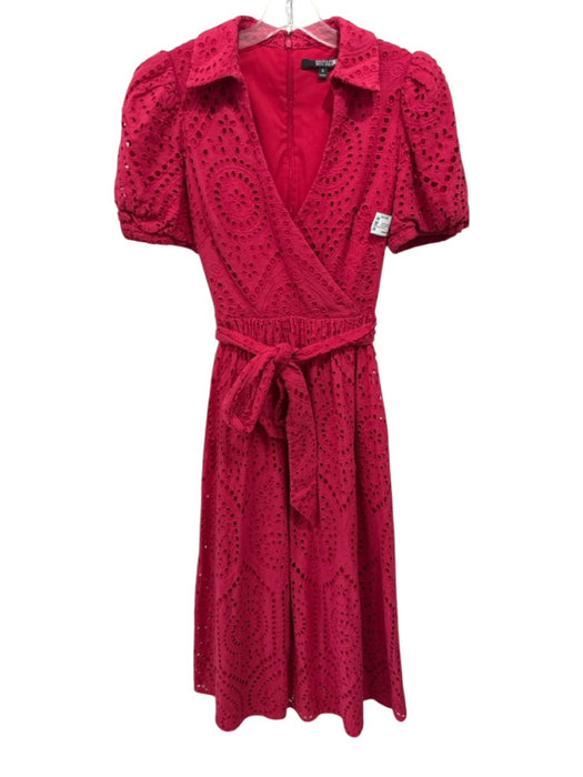Badgley Mischka Size 6 Pink & Red Cotton Floral Eyelet Short Sleeve Deep V Dress Pink & Red / 6