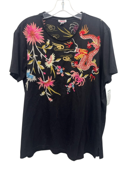 Johnny Was Size Medium Black & Multi Cotton Short Sleeve Floral Embroidery Top Black & Multi / Medium