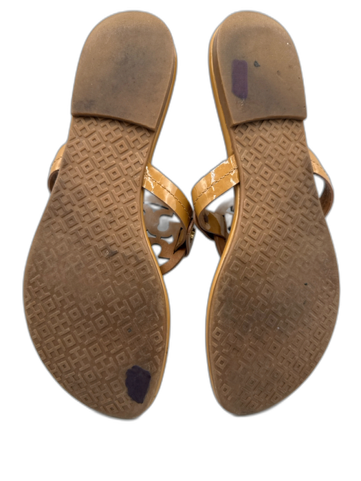 Tory Burch Shoe Size 7 Tan Brown Patent Leather Round Toe Logo Cutout Sandals Tan Brown / 7