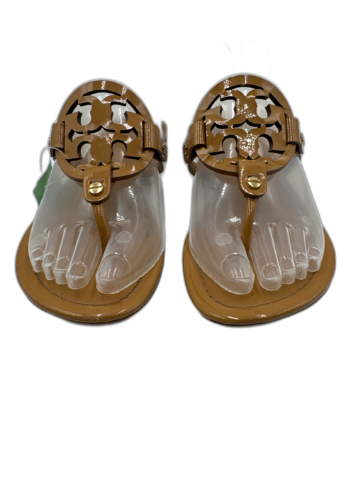 Tory Burch Shoe Size 7 Tan Brown Patent Leather Round Toe Logo Cutout Sandals Tan Brown / 7