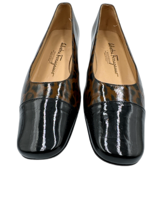 Salvatore Ferragamo Shoe Size 7.5 Black & Brown Patent Leather Square Toe Flats Black & Brown / 7.5