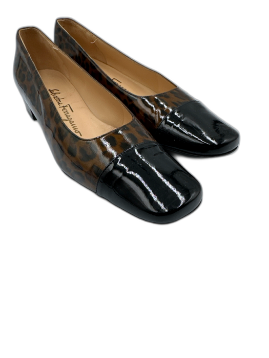 Salvatore Ferragamo Shoe Size 7.5 Black & Brown Patent Leather Square Toe Flats Black & Brown / 7.5
