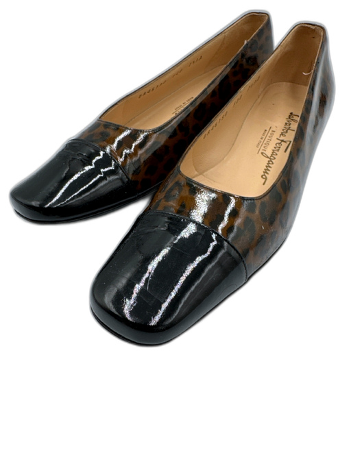 Salvatore Ferragamo Shoe Size 7.5 Black & Brown Patent Leather Square Toe Flats Black & Brown / 7.5
