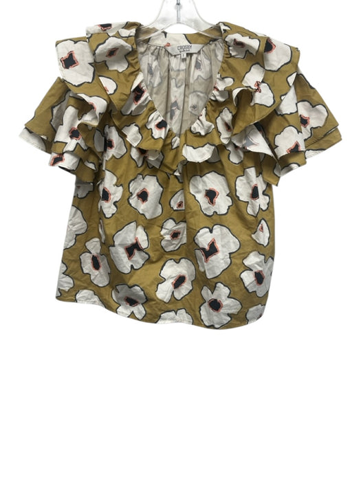 Crosby Size S Green, Black, White Cotton Short tiered sleeve Floral Top Green, Black, White / S