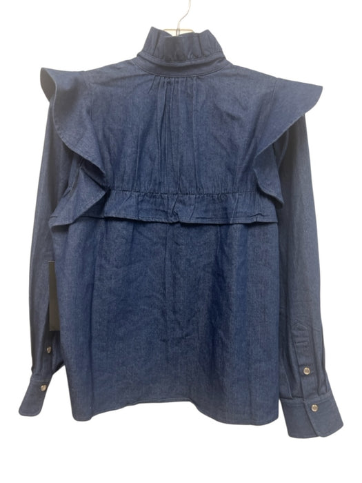 Tuckernuck Size M Dark Wash Cotton Blend Chambray Ruffle Detail Long Sleeve Top Dark Wash / M