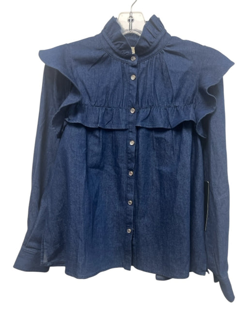 Tuckernuck Size M Dark Wash Cotton Blend Chambray Ruffle Detail Long Sleeve Top Dark Wash / M