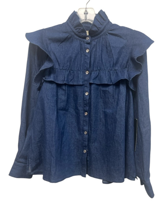 Tuckernuck Size M Dark Wash Cotton Blend Chambray Ruffle Detail Long Sleeve Top Dark Wash / M