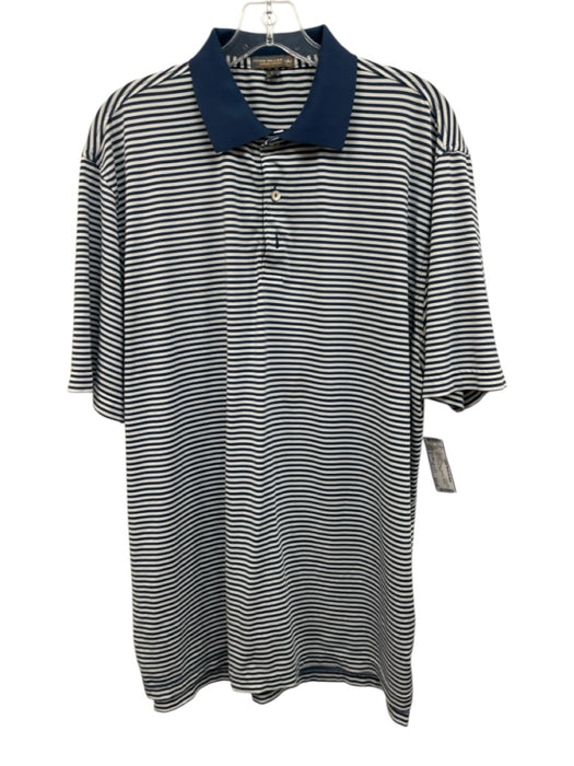 Peter Millar Size L Navy Blue & White Polyester Striped Polo Men's Short Sleeve Navy Blue & White / L