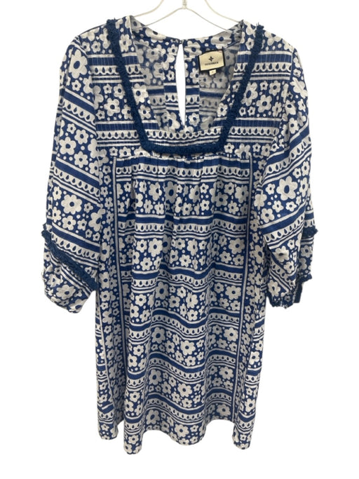 Tuckernuck Size S Blue & White Cotton Long puff sleeve Floral Below knee Dress Blue & White / S