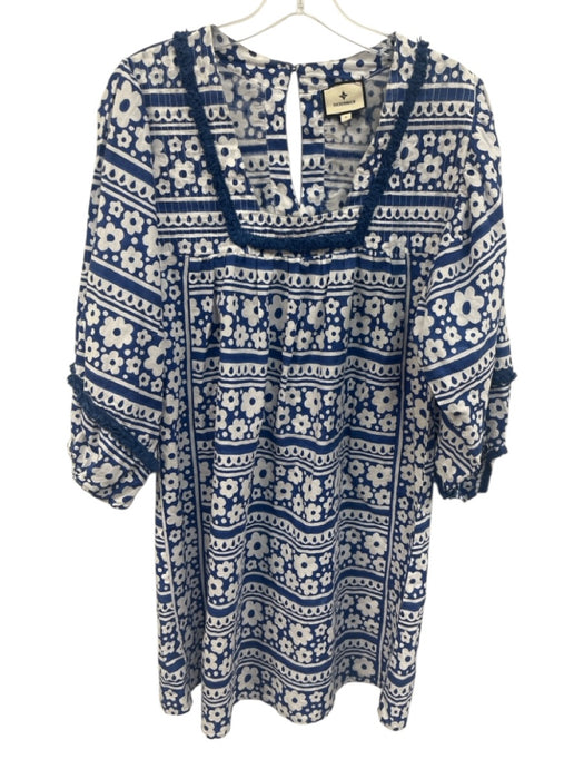 Tuckernuck Size S Blue & White Cotton Long puff sleeve Floral Below knee Dress Blue & White / S