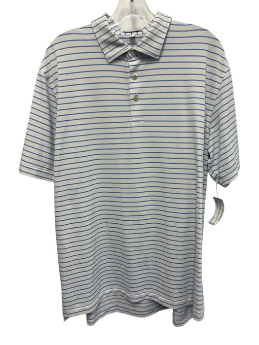 Peter Millar Size L White & Blue Synthetic Striped Polo Athleisure Short Sleeve White & Blue / L