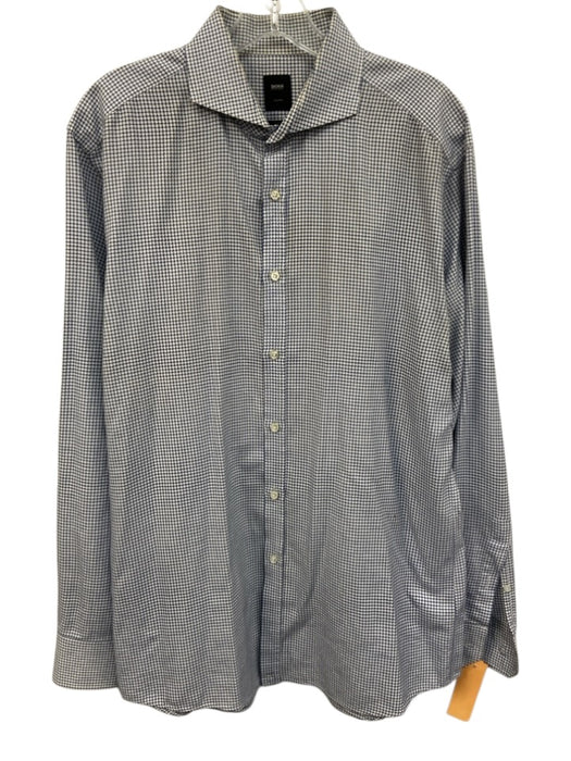 Boss AS IS Size 17 White & Blue Cotton All Over Print Men's Long Sleeve Shirt White & Blue / 17
