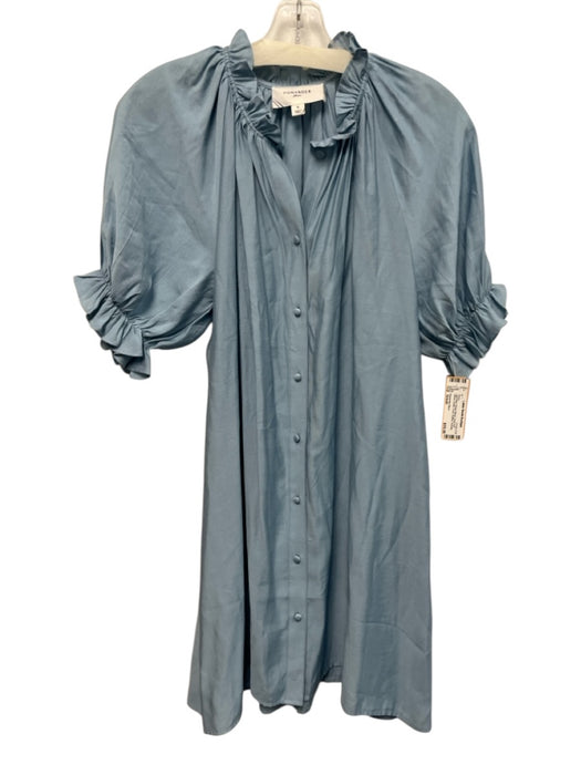 Pomander Place Size Small Light Blue Rayon Blend Short Puff Sleeve Ruffles Dress Light Blue / Small