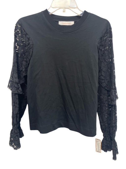 See By Chloe Size M Black Cotton Long Balloon Sleeve Floral Lace Top Black / M