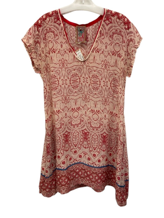 Johnny Was Size XS White & Red Cupra Rayon Short Sleeve Floral Print Dress White & Red / XS