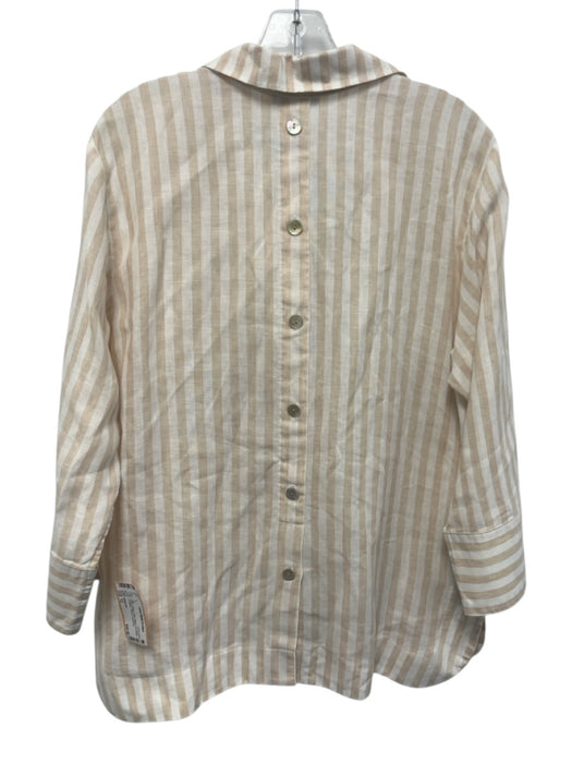 Hinson Wu Size 12 White & Beige Linen Striped 3/4 Sleeve 1/2 Button Collared Top White & Beige / 12