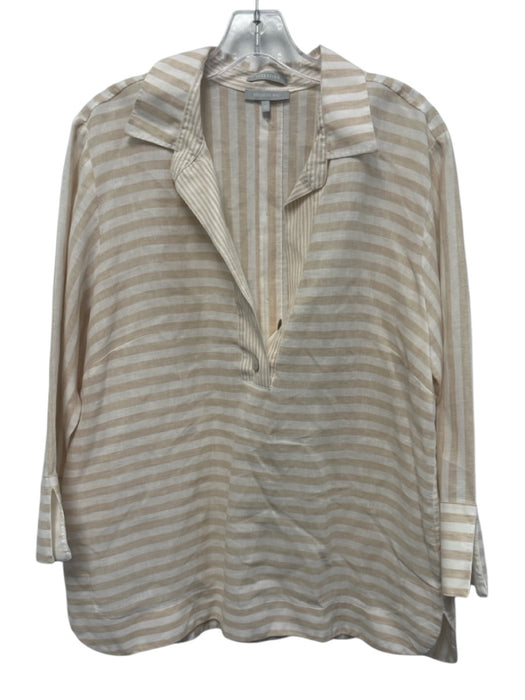 Hinson Wu Size 12 White & Beige Linen Striped 3/4 Sleeve 1/2 Button Collared Top White & Beige / 12