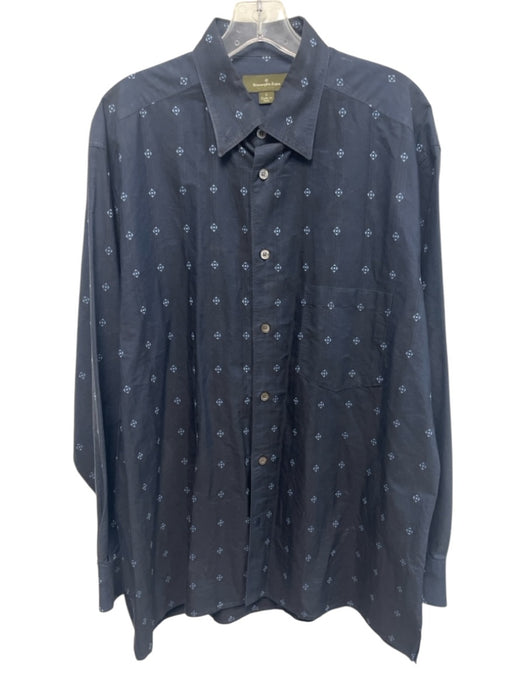 Zegna Size L Navy Blue Cotton Dots Button Up Men's Long Sleeve Shirt Navy Blue / L