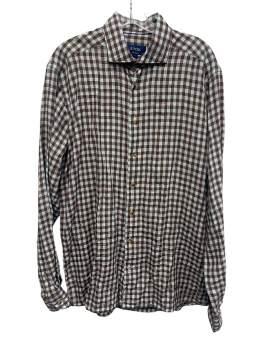Eton Size L Blue & Brown Linen Blend Plaid Button Up Men's Long Sleeve Shirt Blue & Brown / L