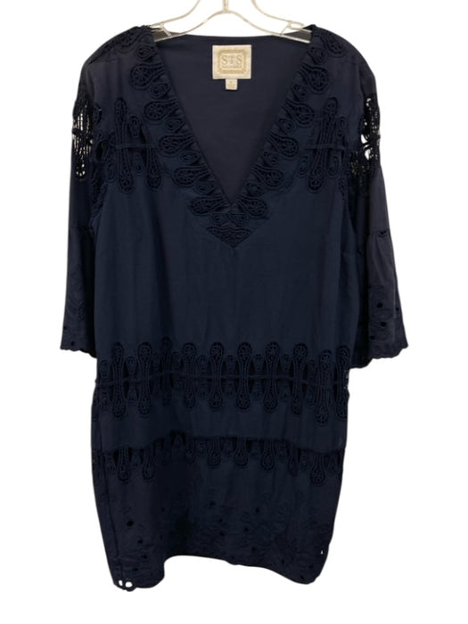 STS Sail to Sable Size XL Navy Blue Cotton 3/4 Sleeve Crochet Lace V Neck Dress Navy Blue / XL