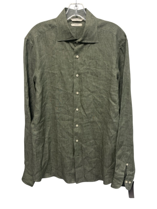 Suitsupply Size 15.75 Green Linen Solid Button Up Men's Long Sleeve Shirt Green / 15.75