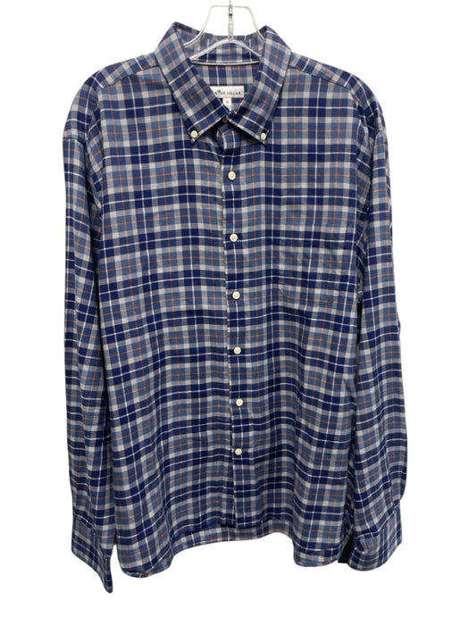 Peter Millar Size XL Blue & Orange Cotton Blend Plaid Flannel Long Sleeve Shirt Blue & Orange / XL