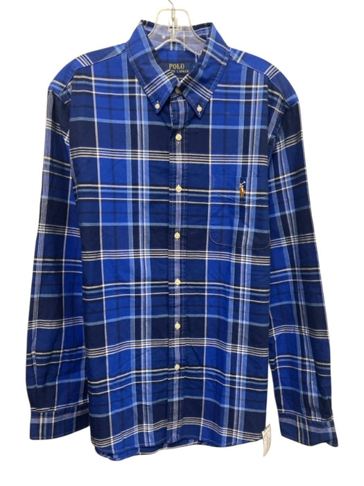Polo Size L Blue Cotton Plaid Button Up Oxford Men's Long Sleeve Shirt Blue / L