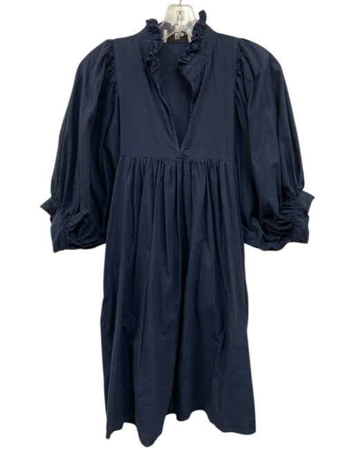 Never a Wallflower Size S Navy Cotton Puff 1/2 Sleeve V Neck Knee Length Dress Navy / S