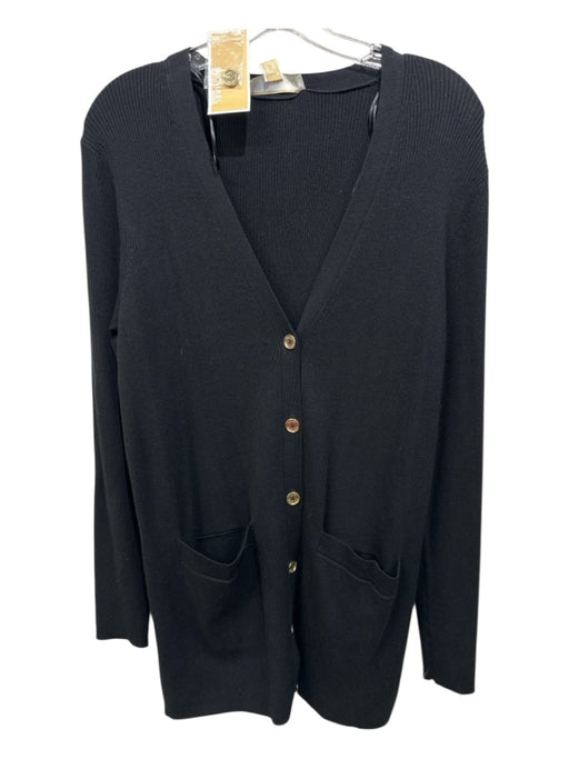 Michael Michael Kors Size L Black Viscose Blend Ribbed Knit Button Down Cardigan Black / L