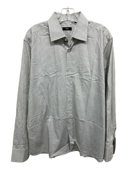 Boss Size 17.5 White & Gray Cotton Stripe Button up Men's Long Sleeve Shirt White & Gray / 17.5