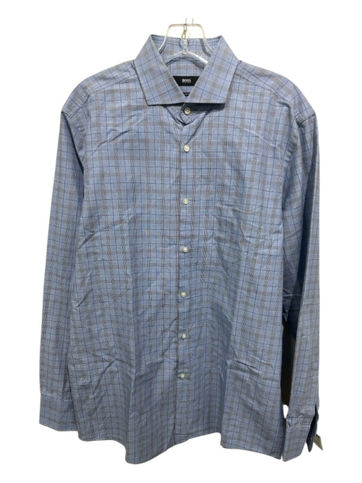 Boss Size 16 Blue Cotton Plaid Button up Men's Long Sleeve Shirt Blue / 16