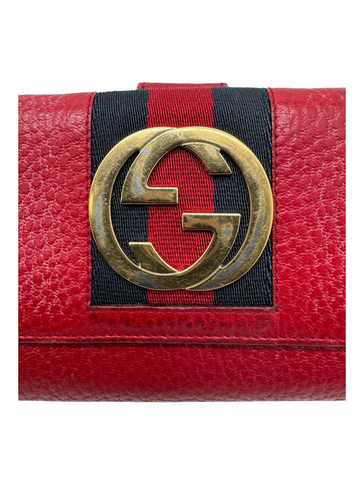 Gucci Red, Navy, Gold Leather Logo Gucci Web Snap Closure Folding Wallets Red, Navy, Gold
