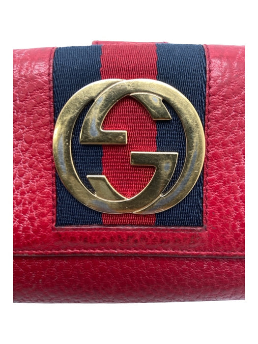 Gucci Red, Navy, Gold Leather Logo Gucci Web Snap Closure Folding Wallets Red, Navy, Gold